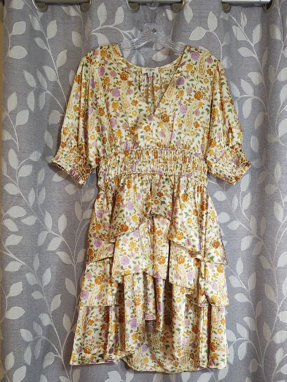 Umgee Cream Floral Dress with Mustard and Lavender Accents size M